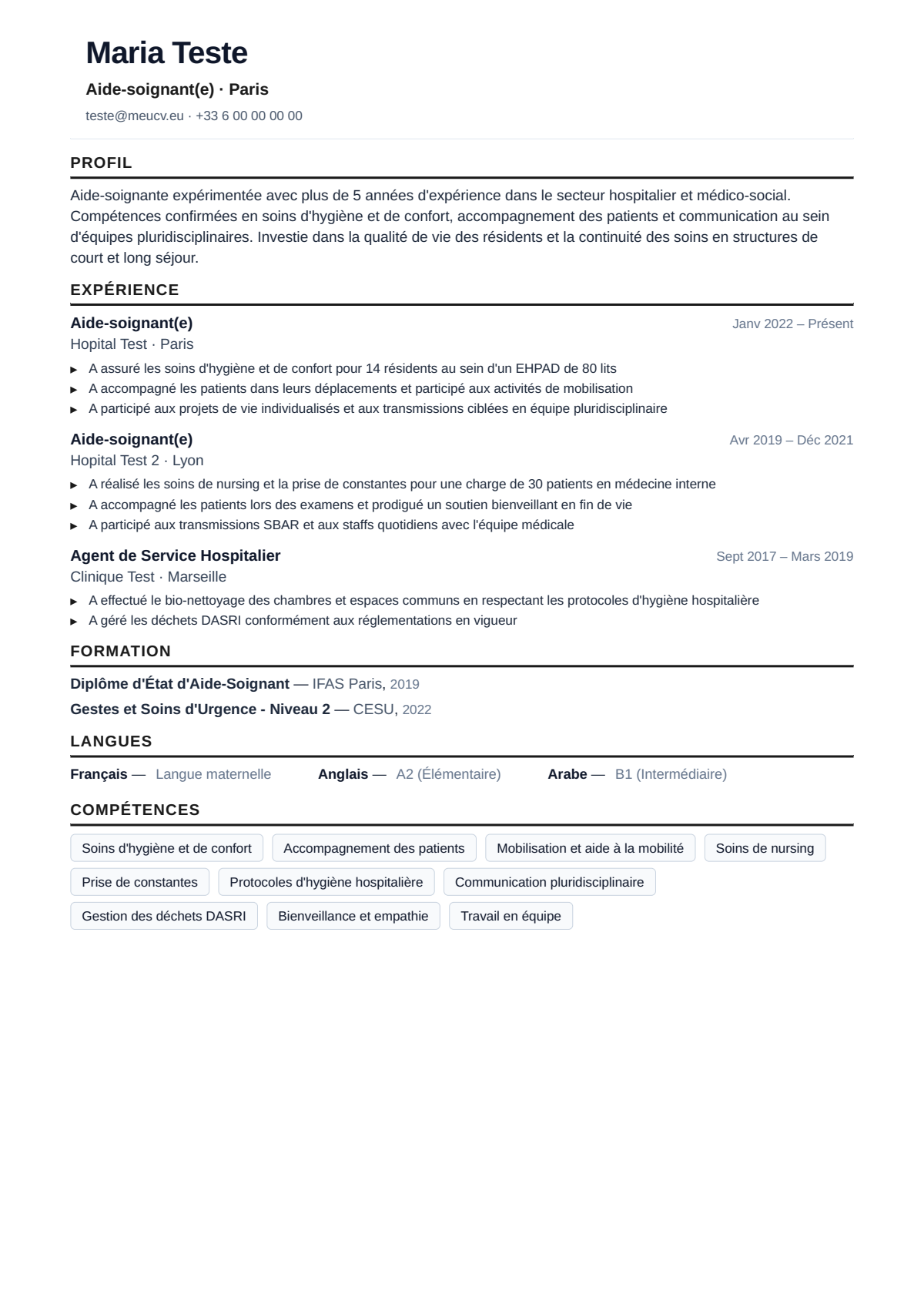 Exemple de CV aide-soignant pour la France
