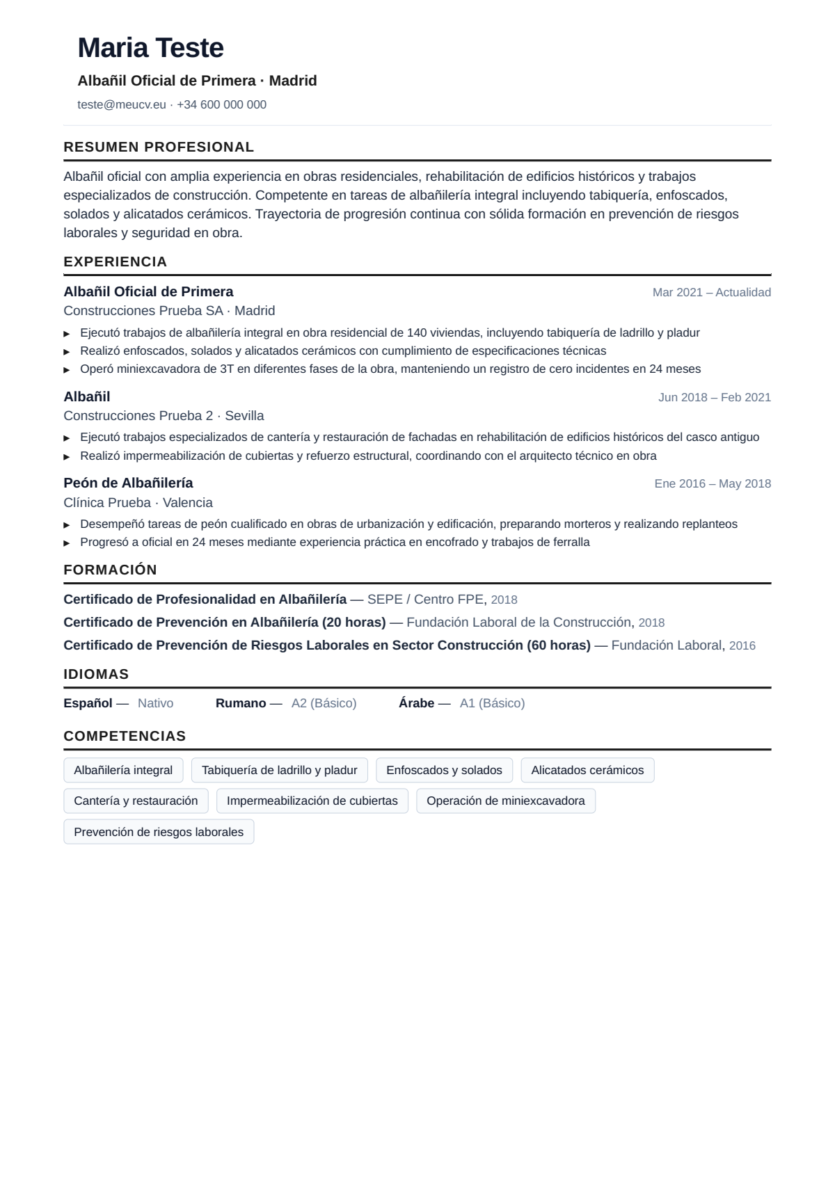 Ejemplo de CV de albañil para España