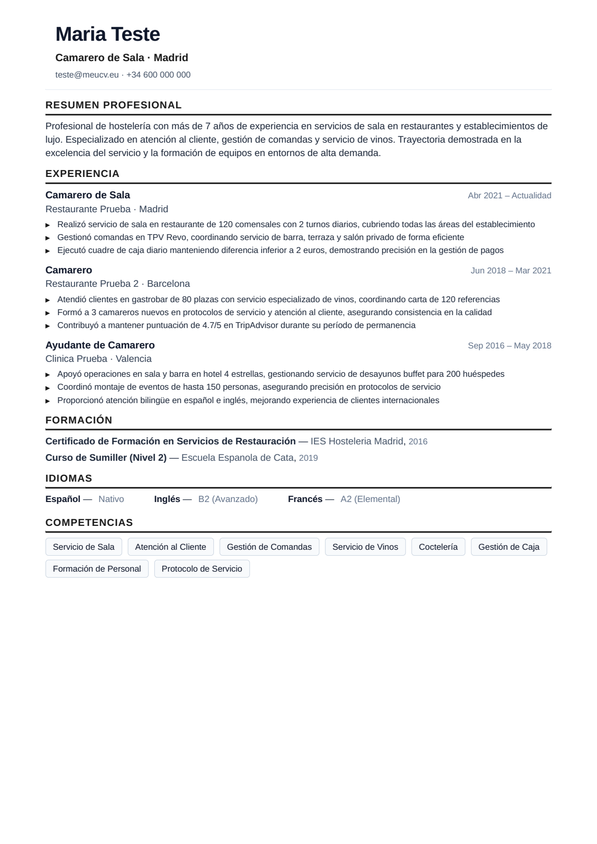 Ejemplo de CV de camarero para España