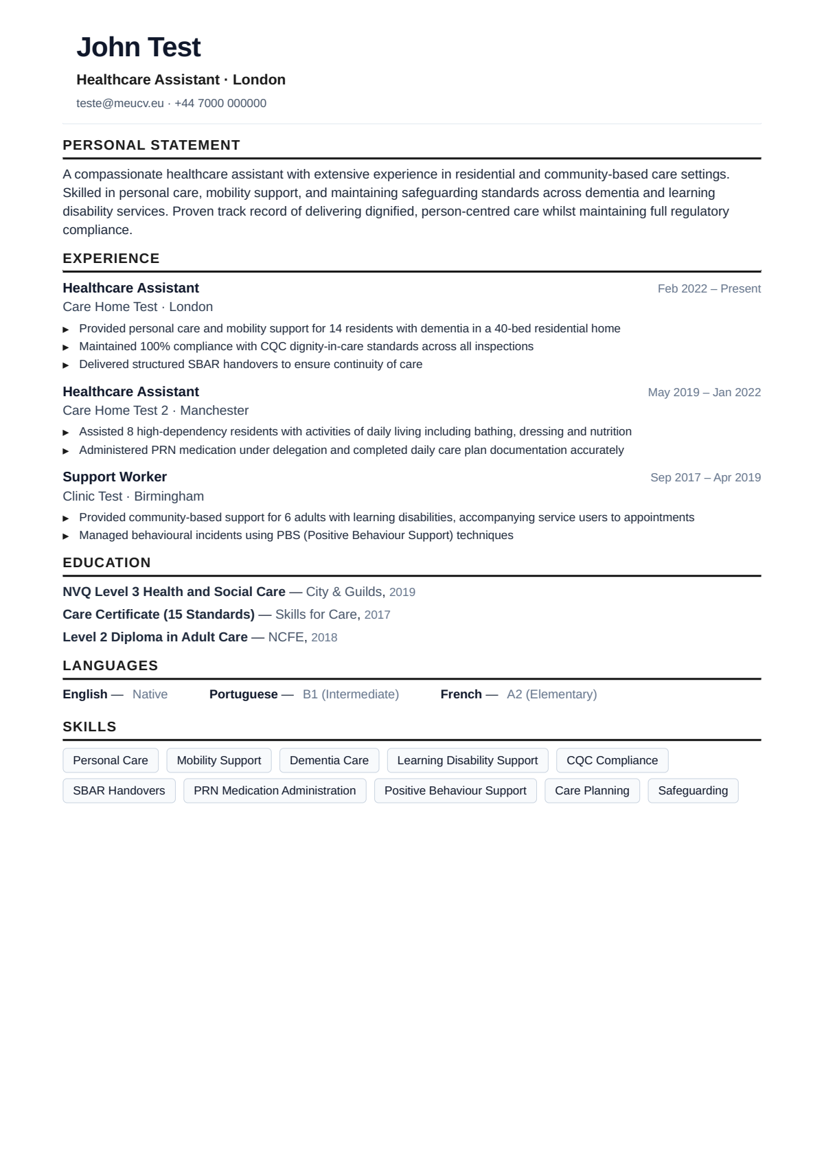 Example CV for care worker in the UK