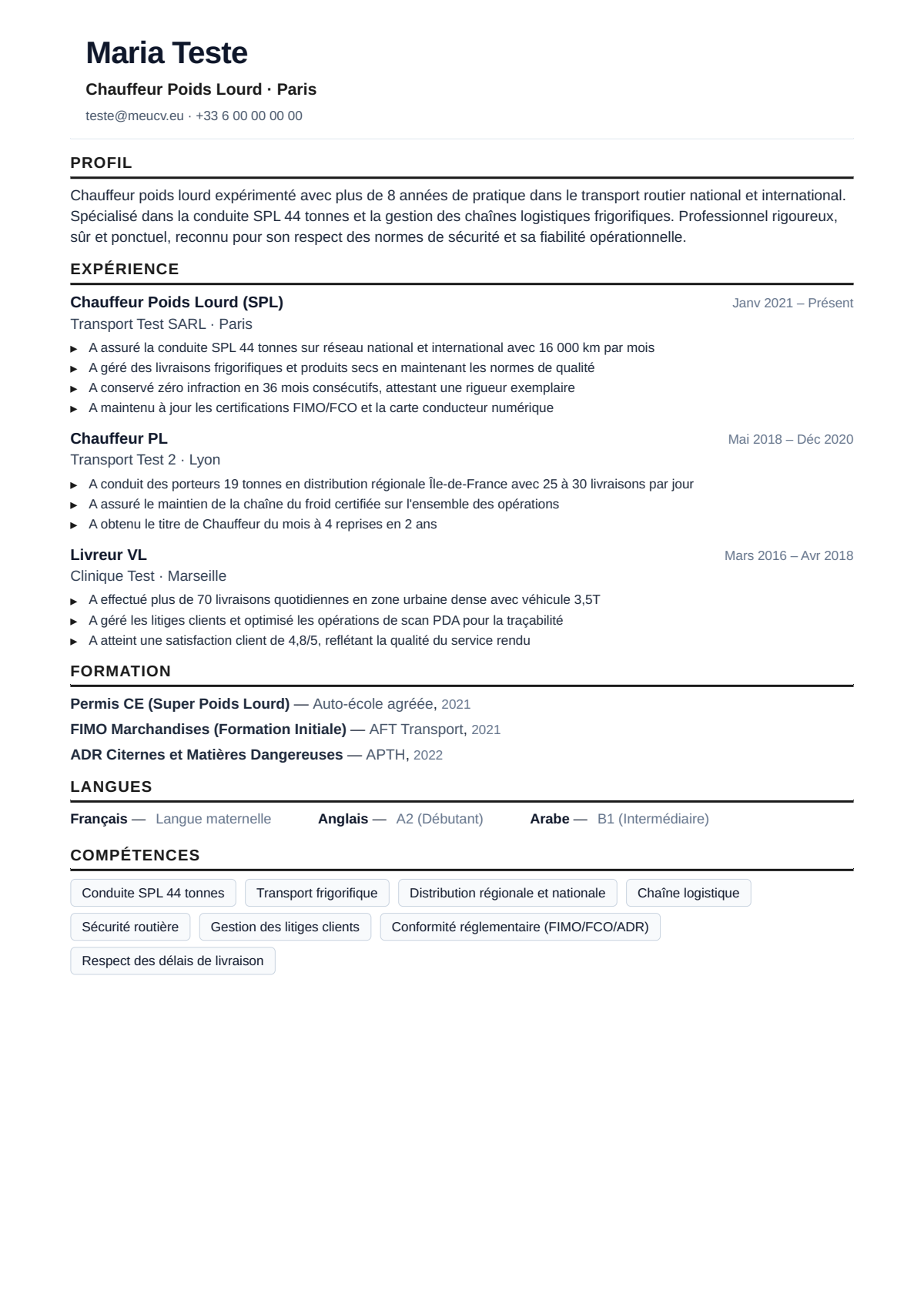 Exemple de CV chauffeur poids lourd France
