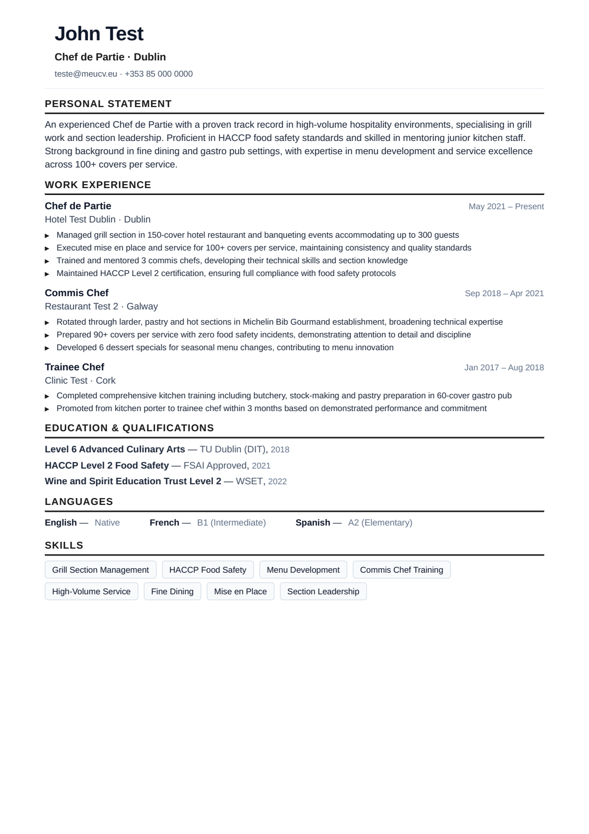Example CV for chef in Ireland