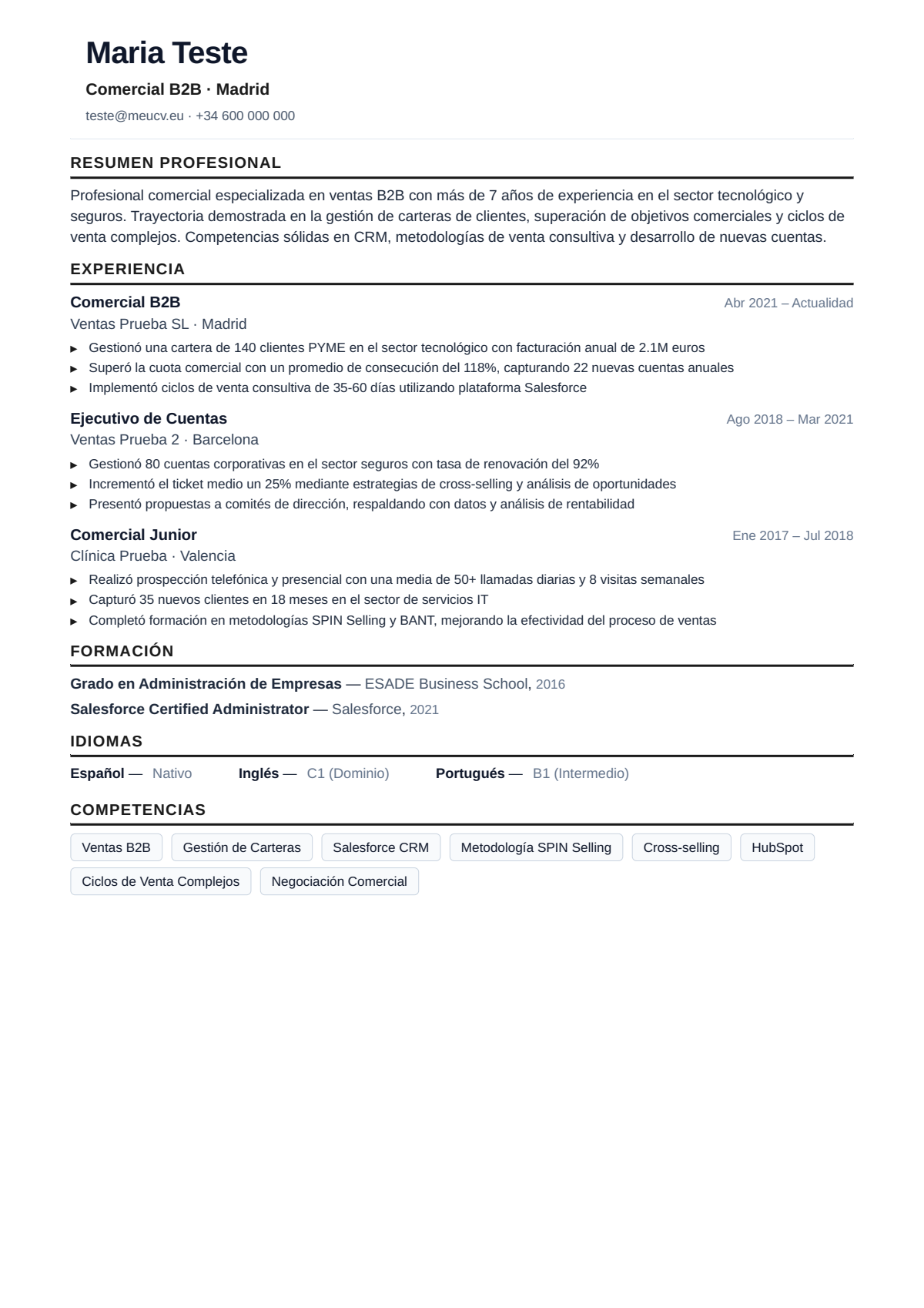 Ejemplo de CV comercial ventas España