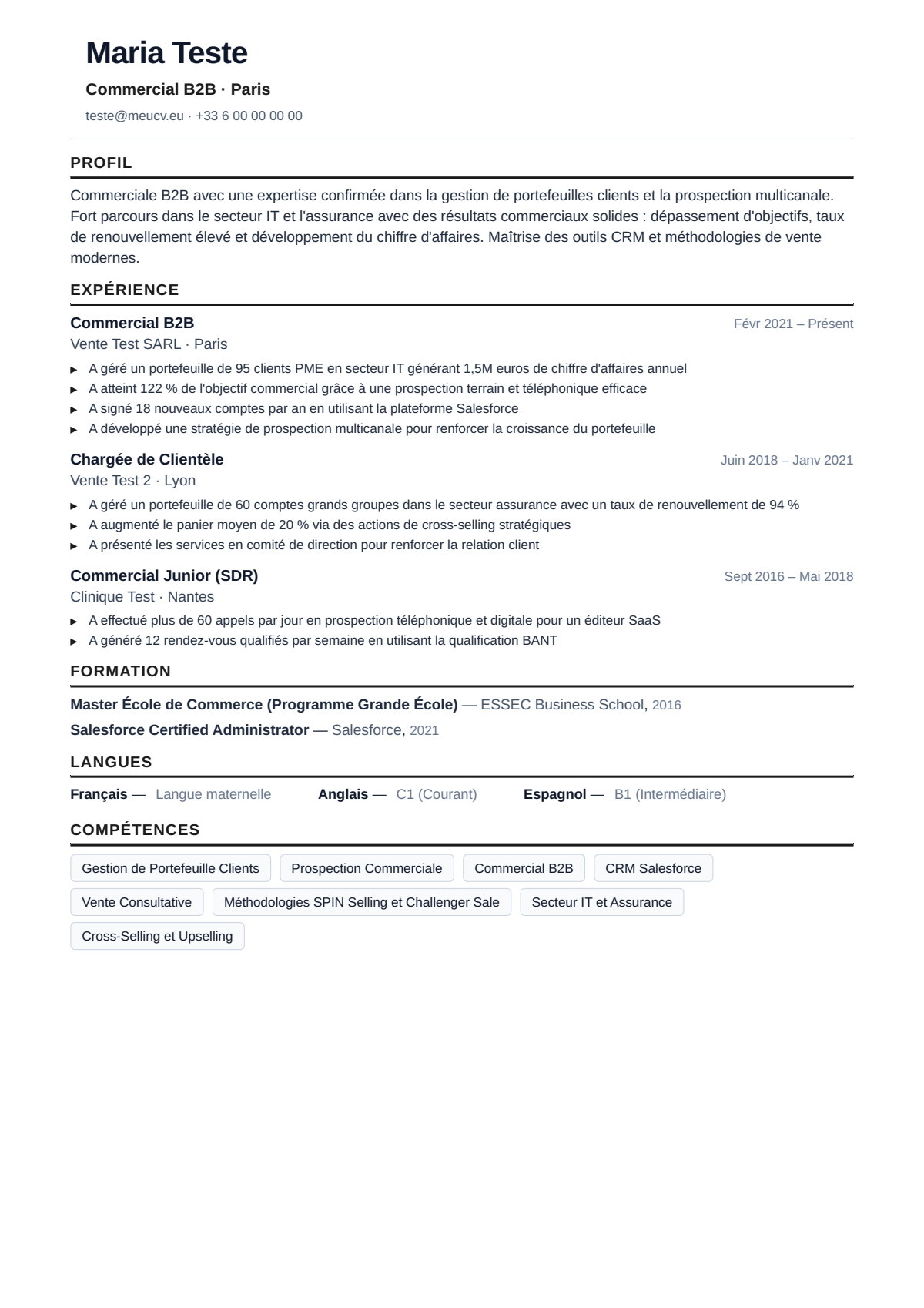 Exemple de CV commercial pour la France