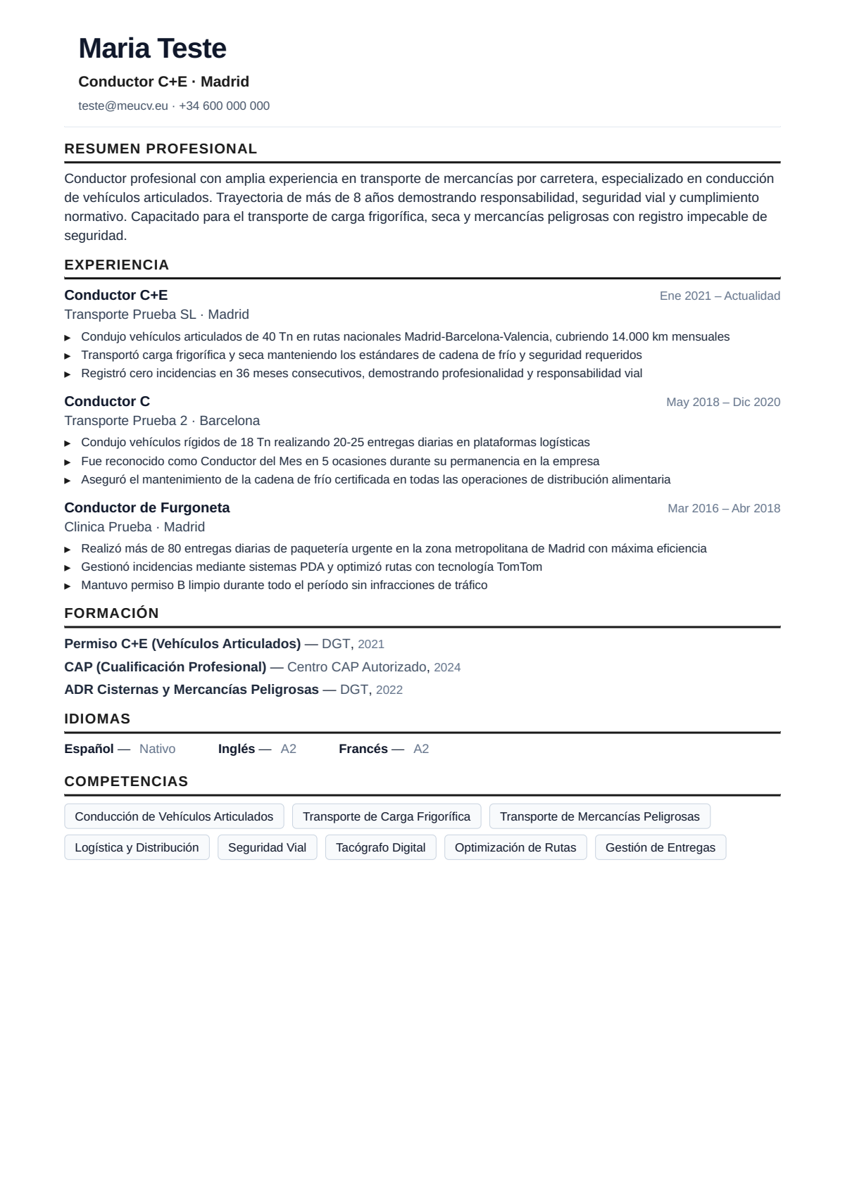 Ejemplo de CV conductor de camión España