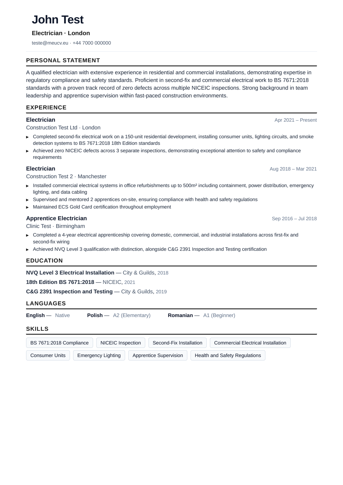 Example CV for construction trades in the UK