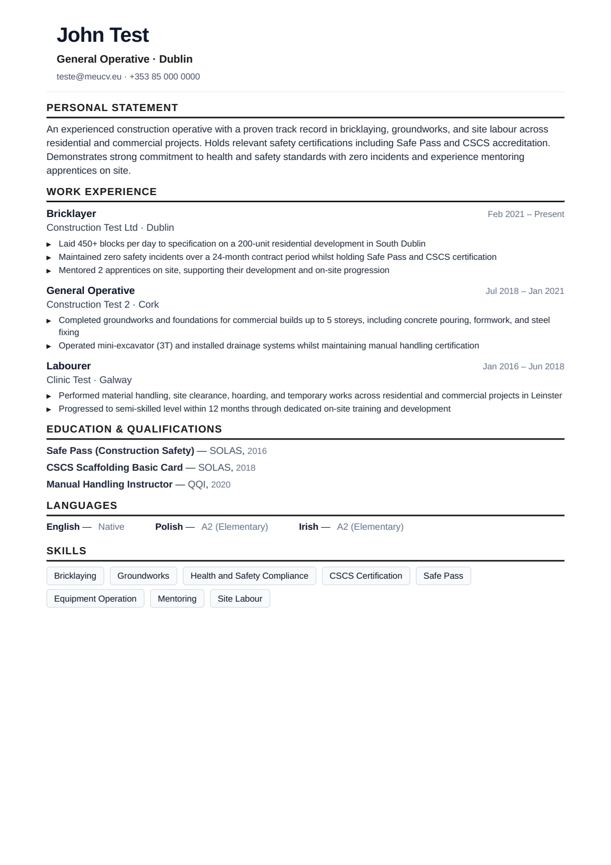 Example CV for construction worker in Ireland