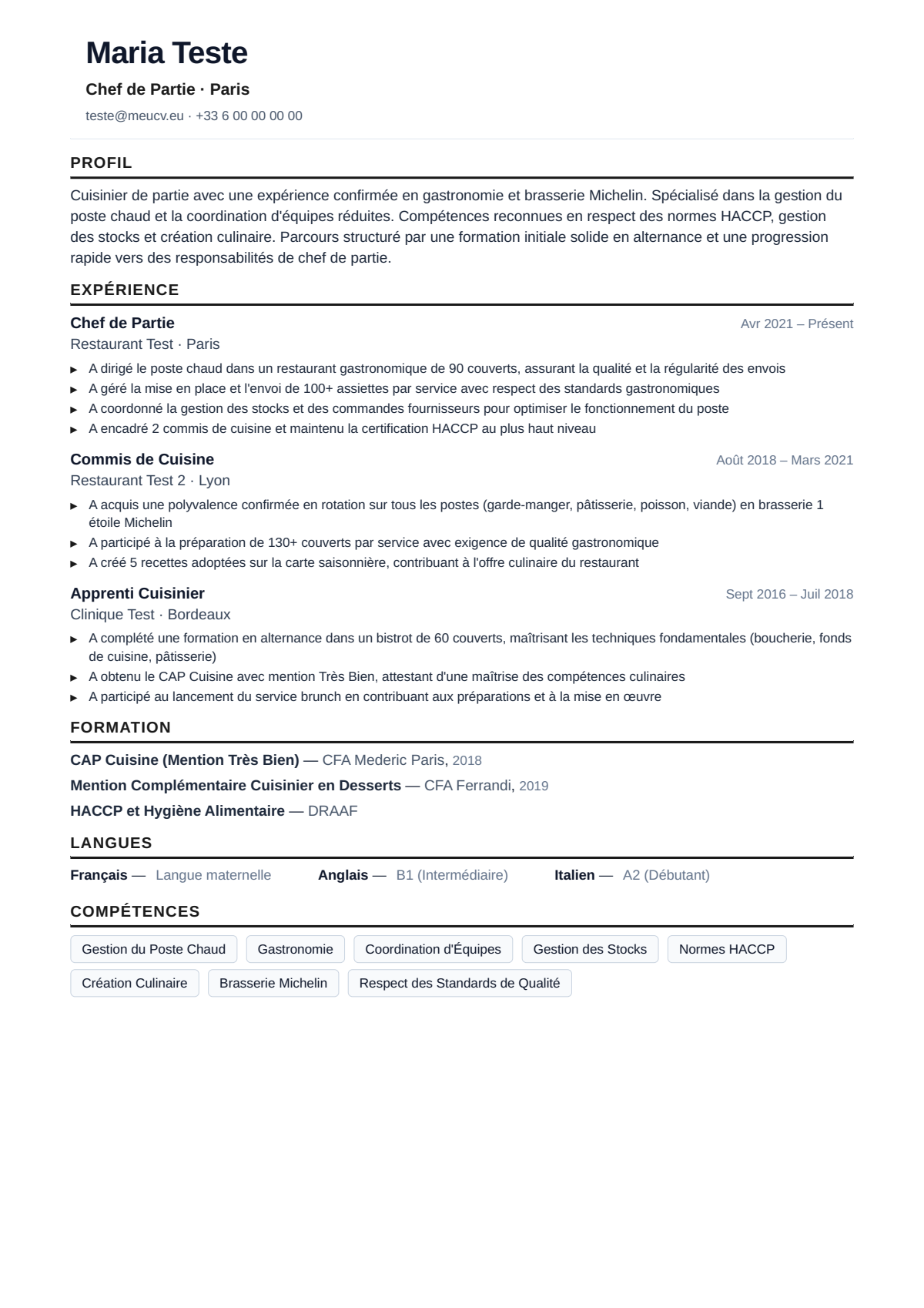 Exemple de CV cuisinier pour la France