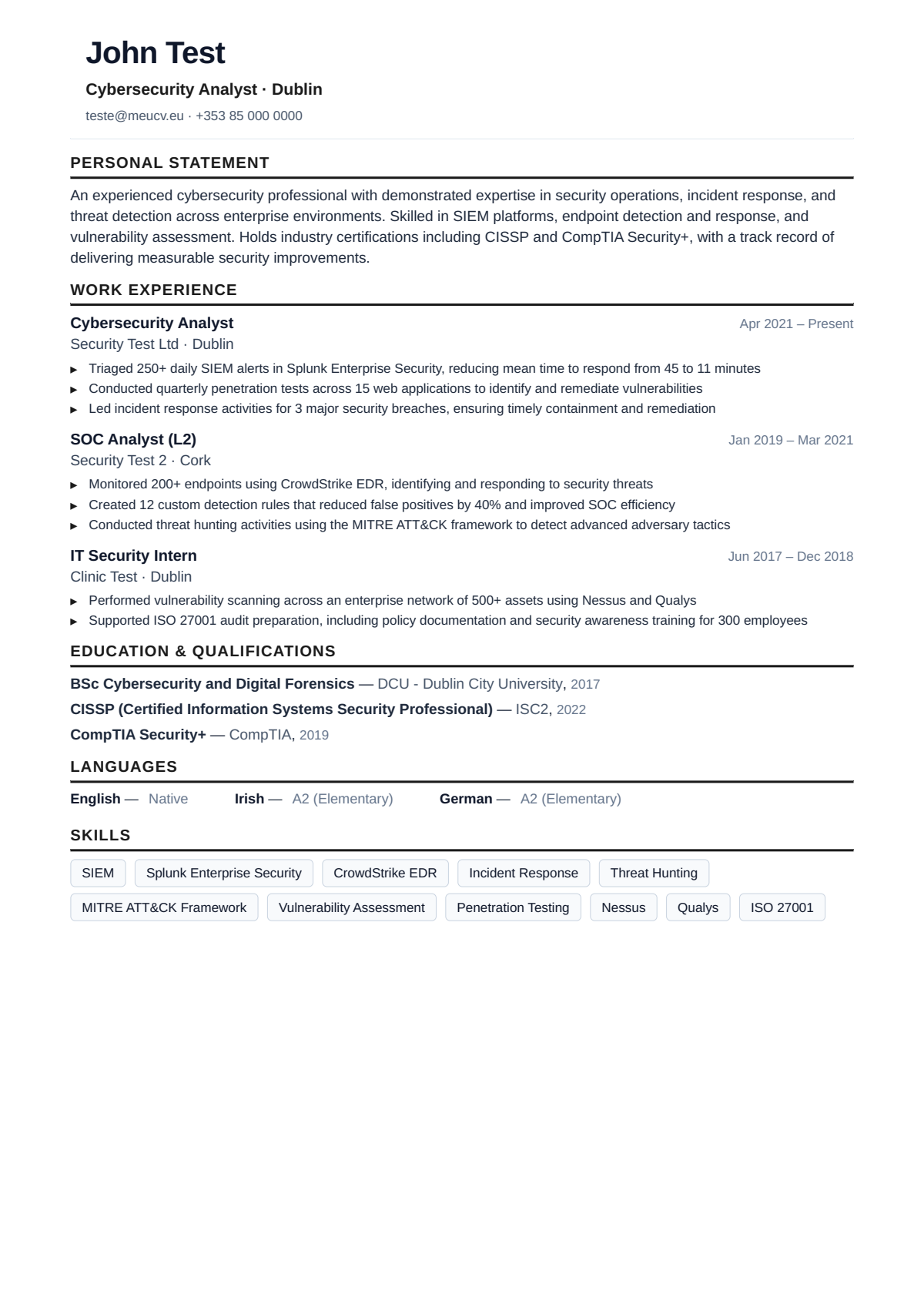Example CV for cybersecurity analyst in Ireland