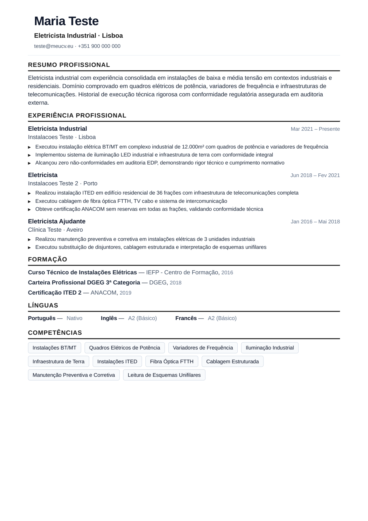Exemplo de CV de eletricista para Portugal