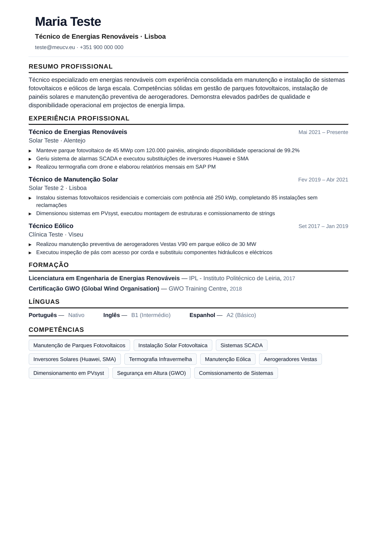 Exemplo de CV para energias renováveis em Portugal