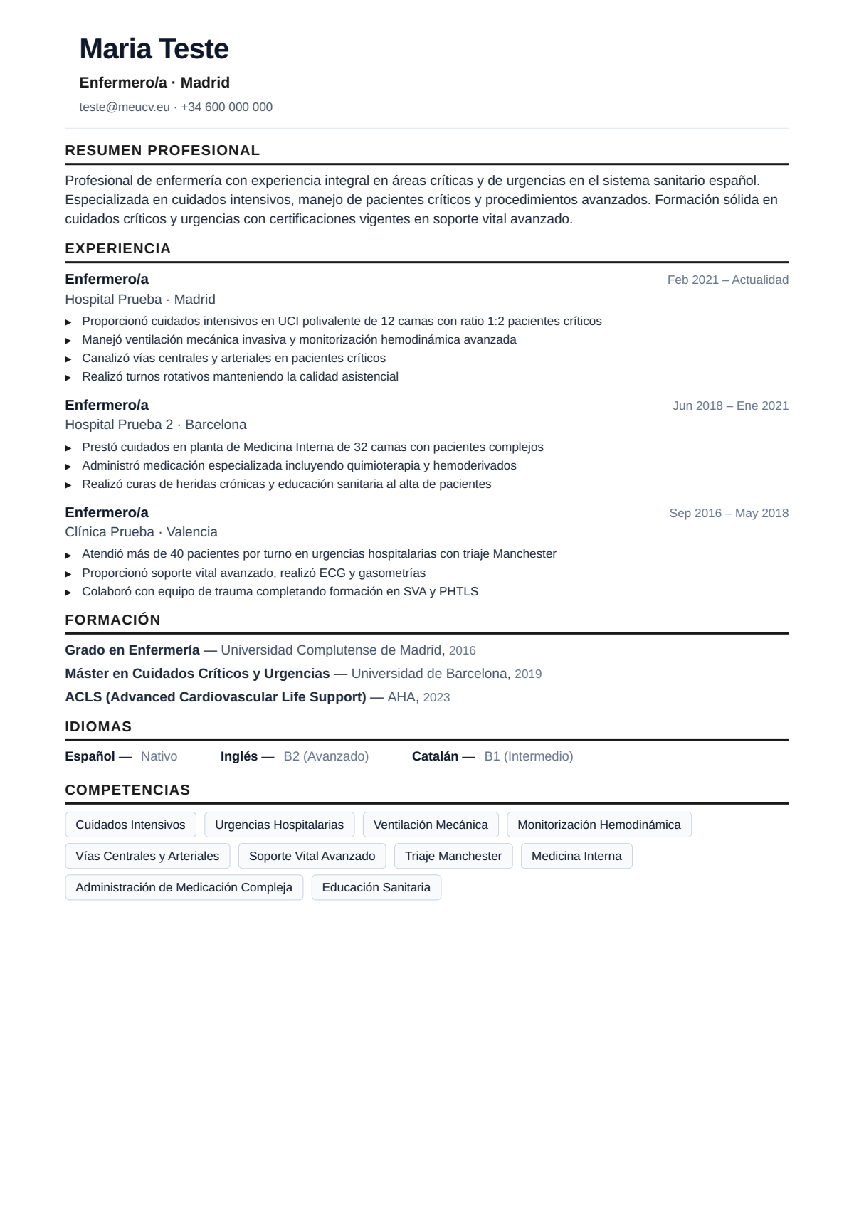 Ejemplo de CV de enfermero/a para España