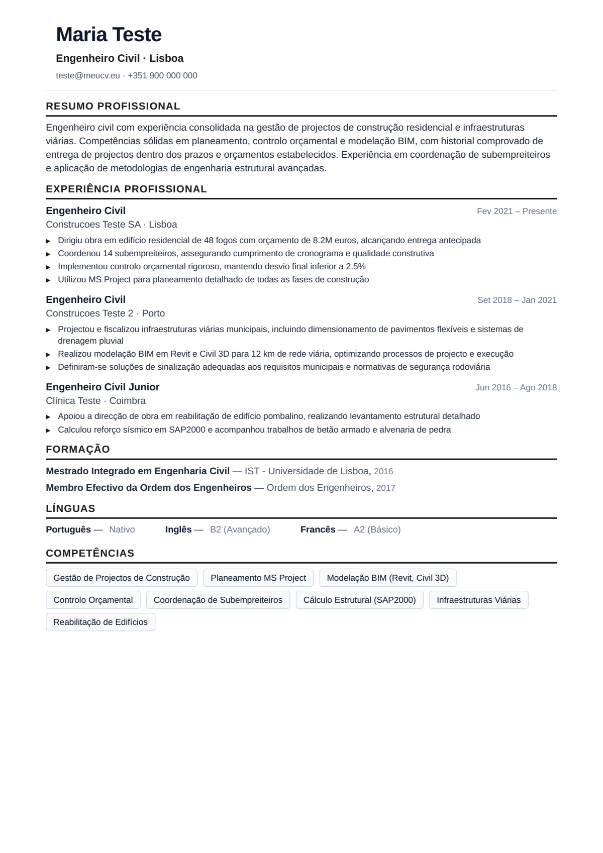 Exemplo de CV de engenheiro civil para Portugal