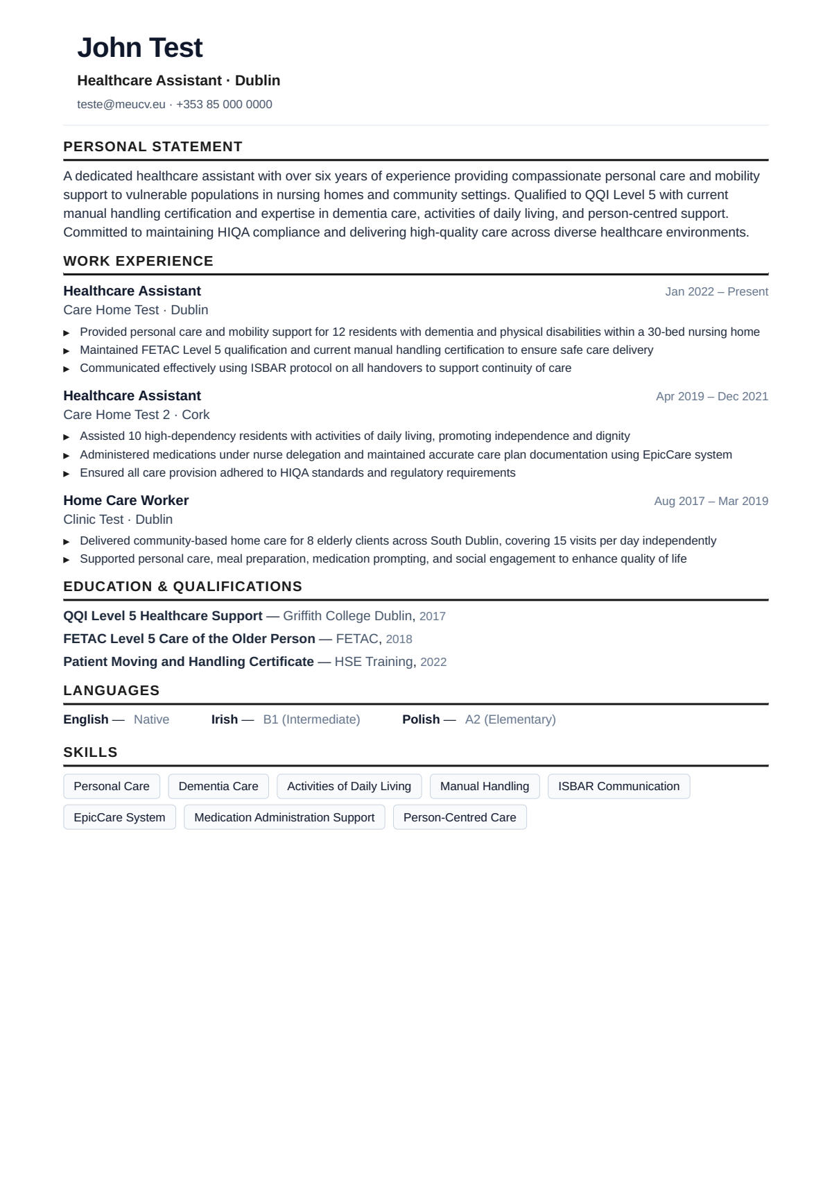 Example CV for healthcare assistant in Ireland