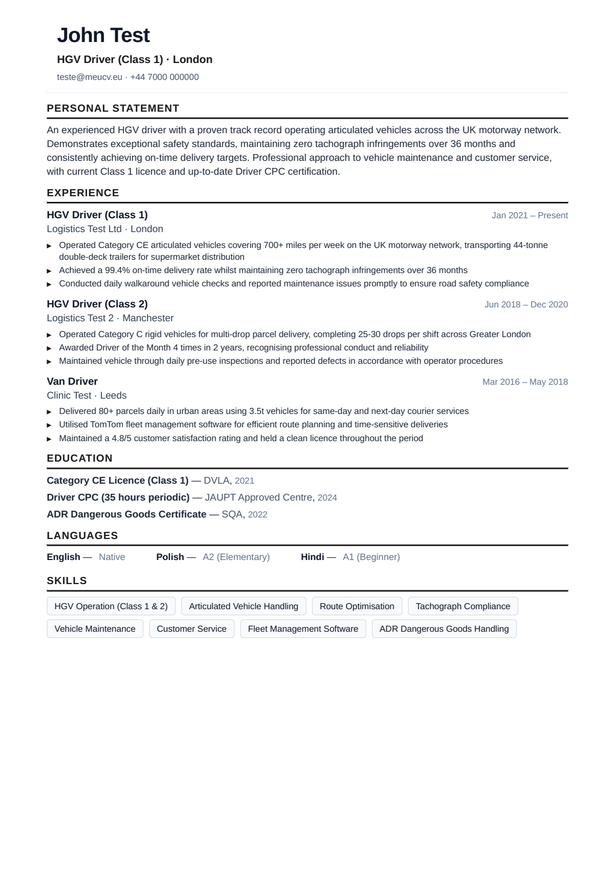 Example CV for HGV driver in the UK