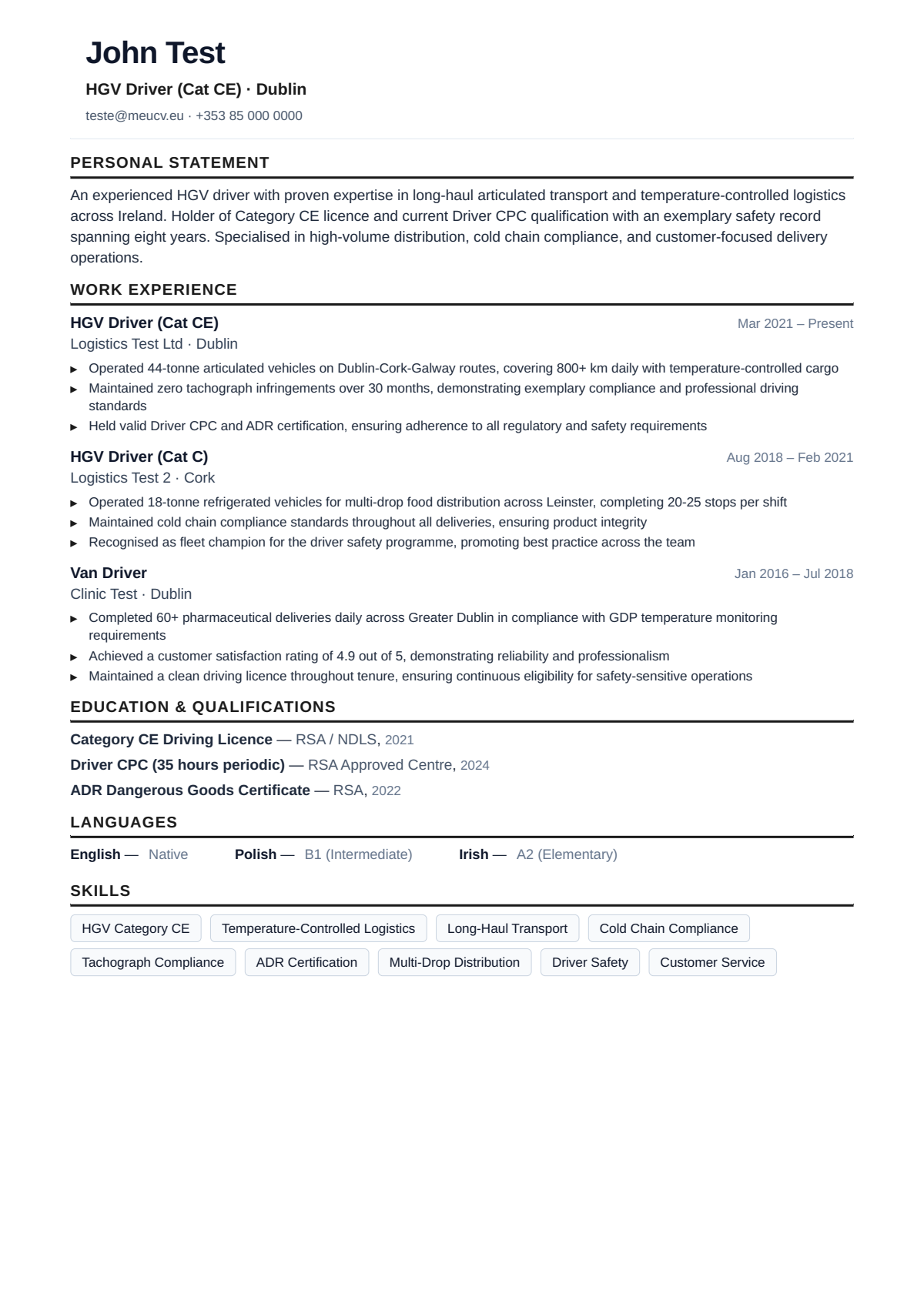 Example CV for HGV driver in Ireland