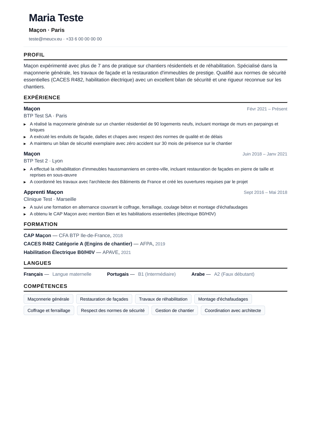 Exemple de CV ouvrier BTP pour la France