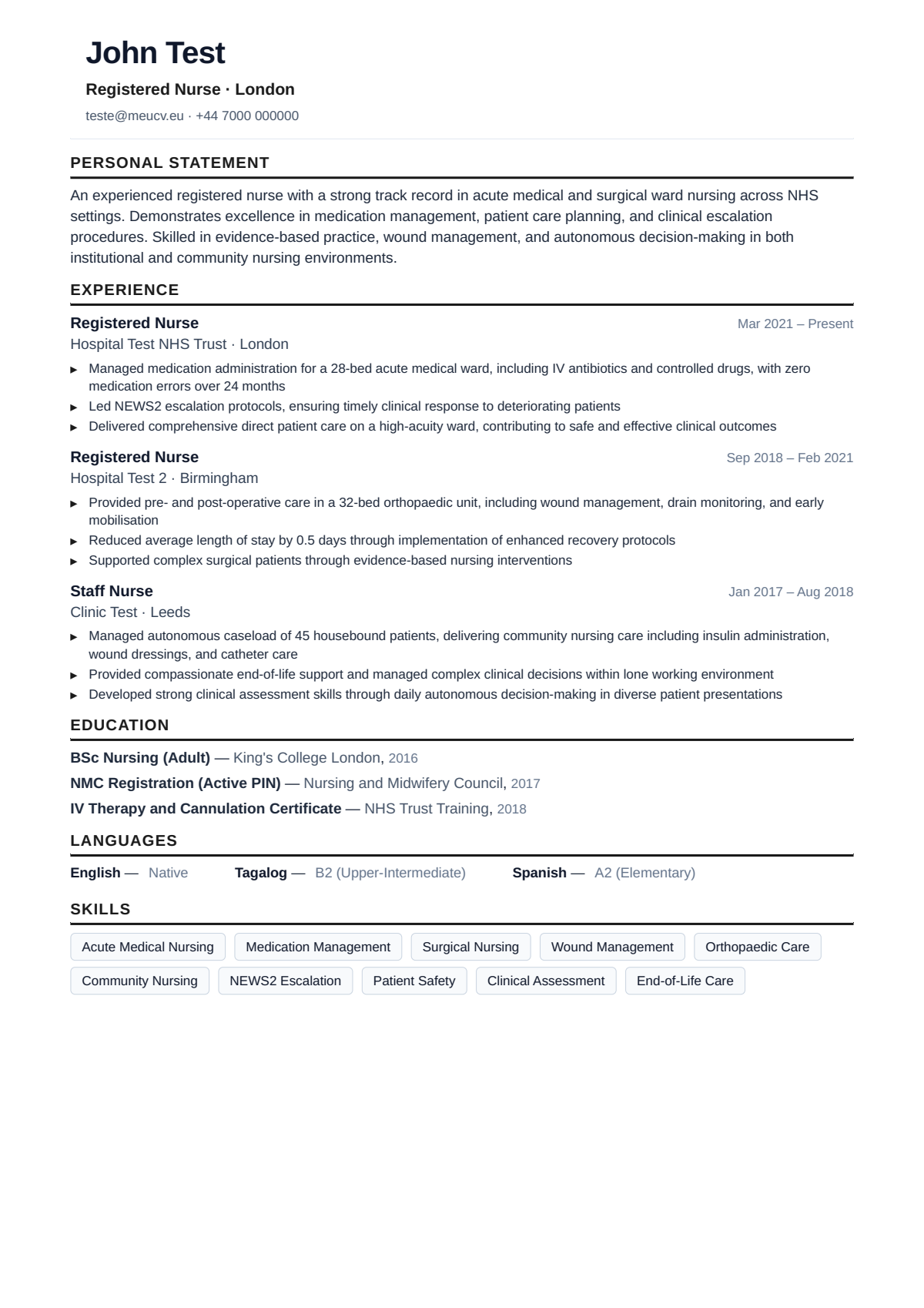 Example CV for registered nurse in the UK