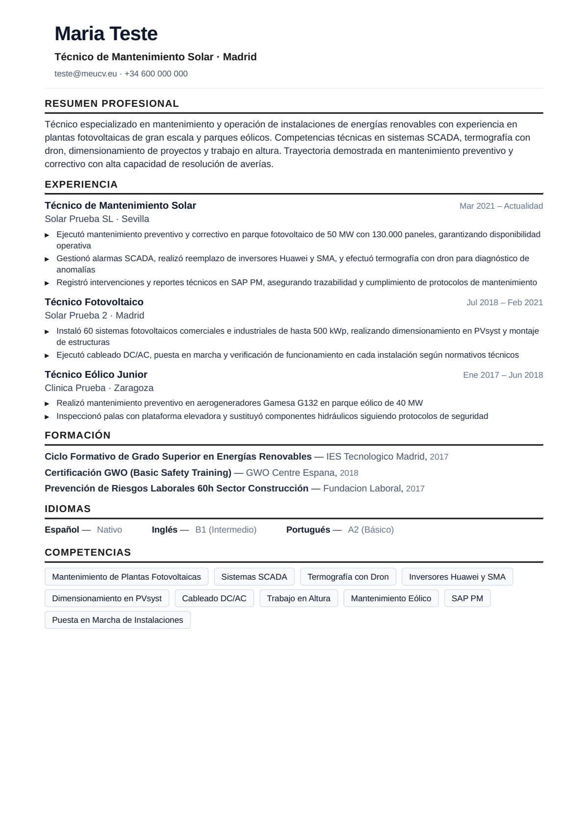Ejemplo de CV técnico renovables España