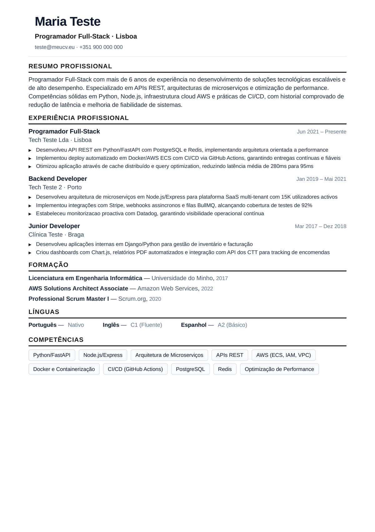 Exemplo de CV de programador para Portugal