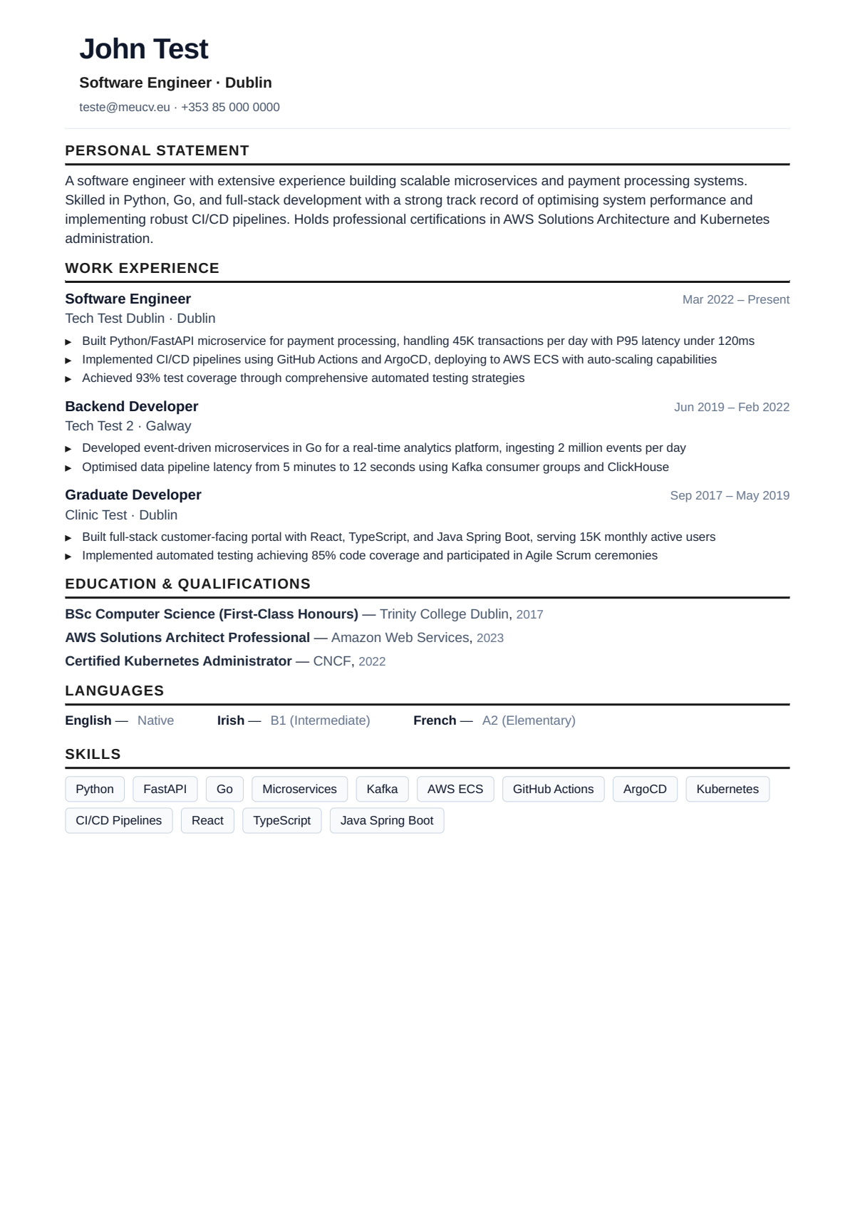Example CV for software engineer in Ireland