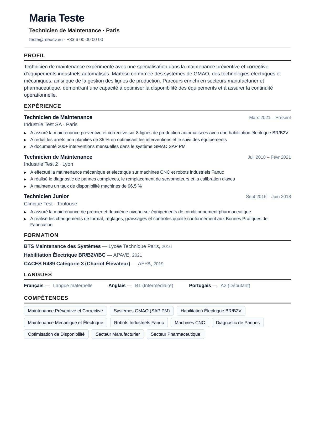 Exemple de CV technicien de maintenance France