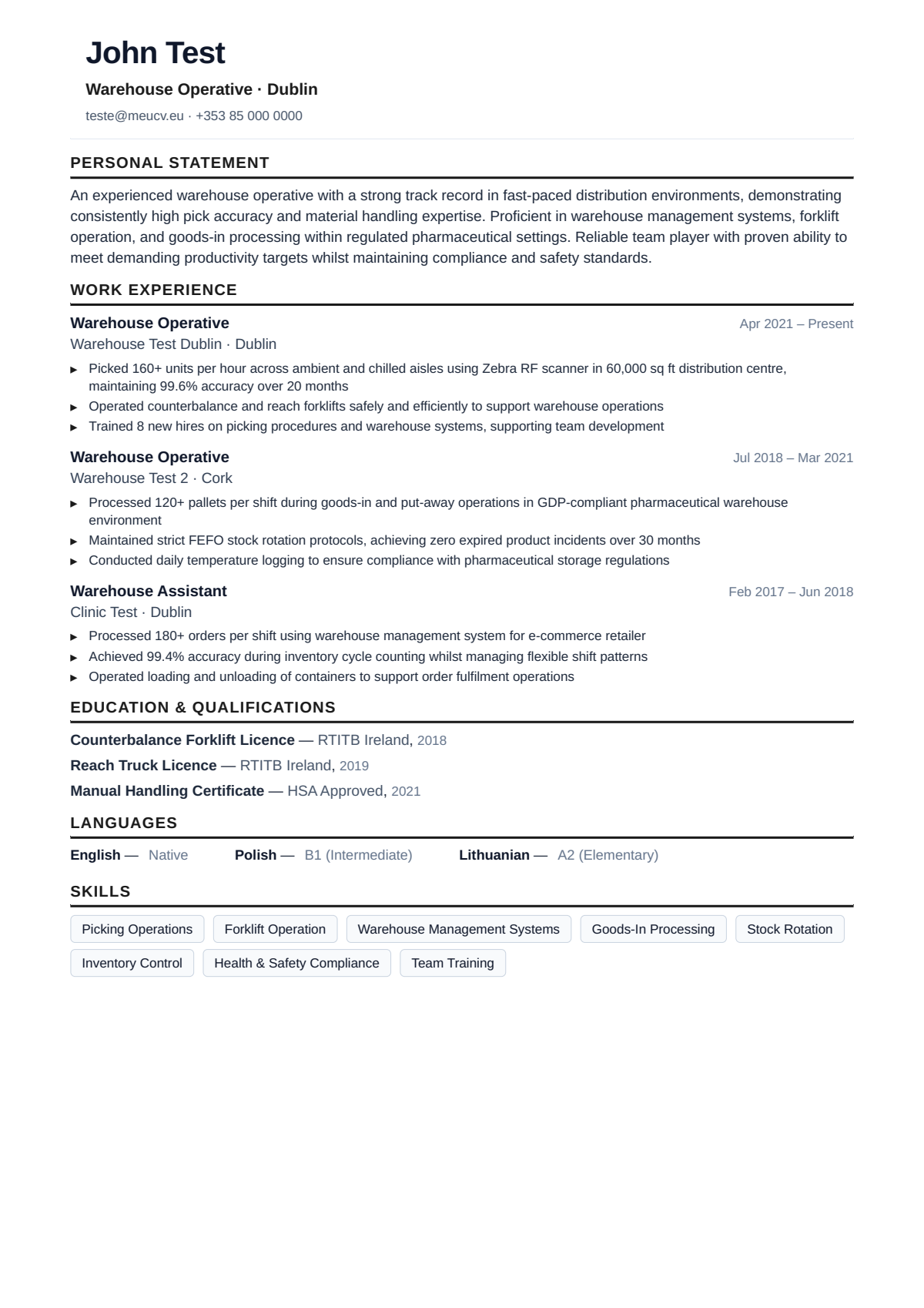 Example CV for warehouse operative in Ireland